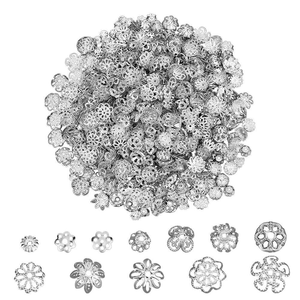 7150 1440pcs 12 Styles Bead Caps, Bulk Silver Flower Spacer Beads Caps